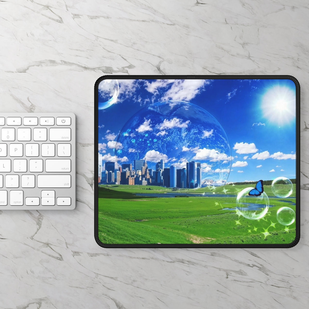 "City in a Bubble" Personalized Mouse Pad – Surreal Skyline & Green Meadow Design Frutiger Aero