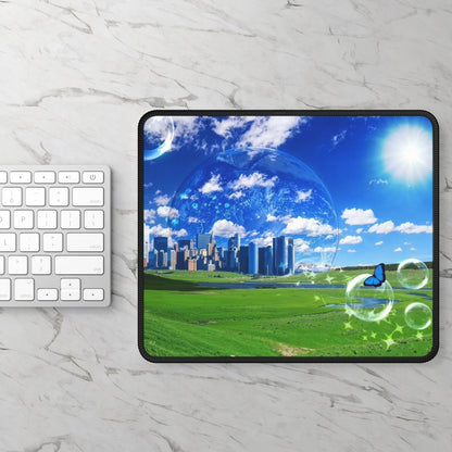 "City in a Bubble" Personalized Mouse Pad – Surreal Skyline & Green Meadow Design Frutiger Aero