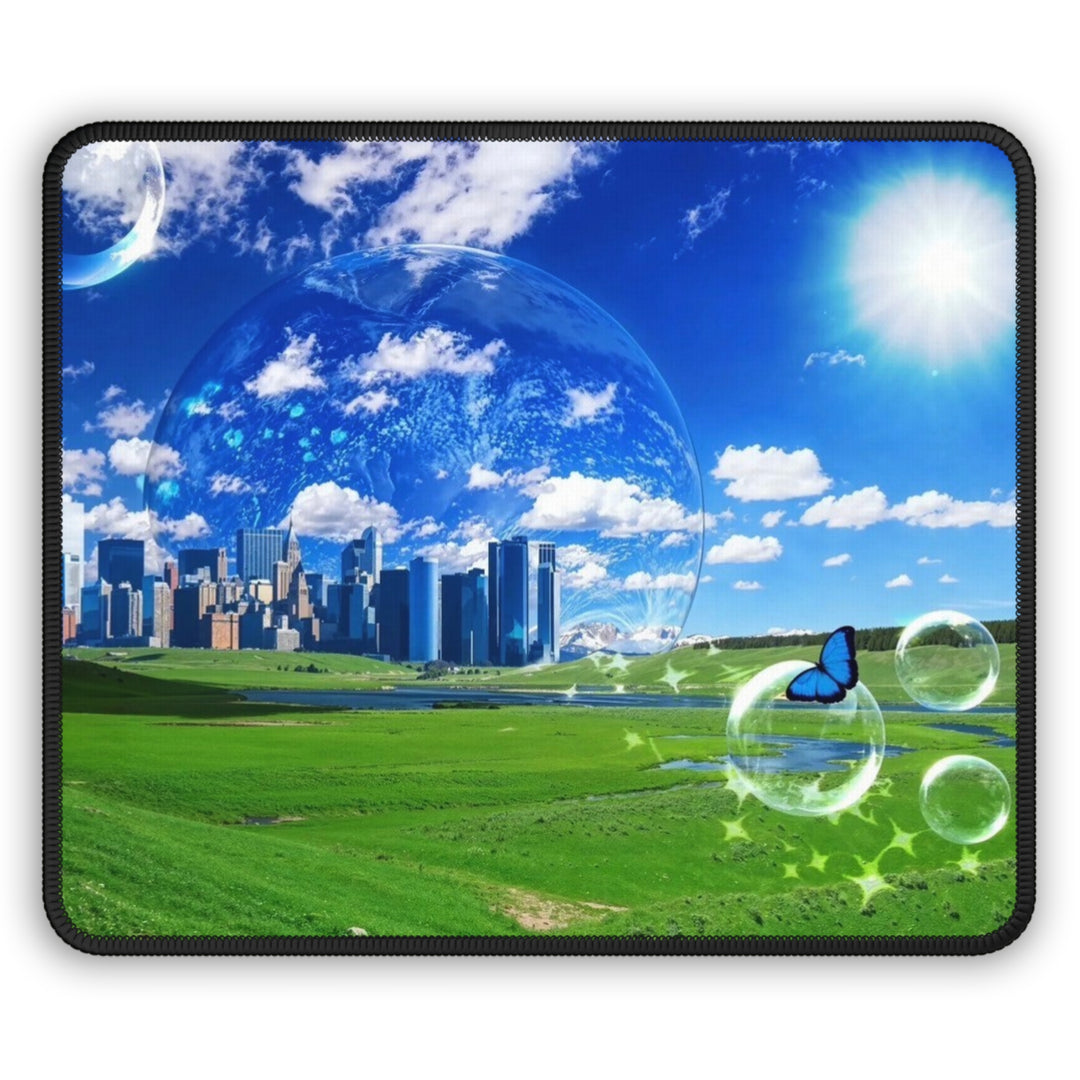"City in a Bubble" Personalized Mouse Pad – Surreal Skyline & Green Meadow Design Frutiger Aero