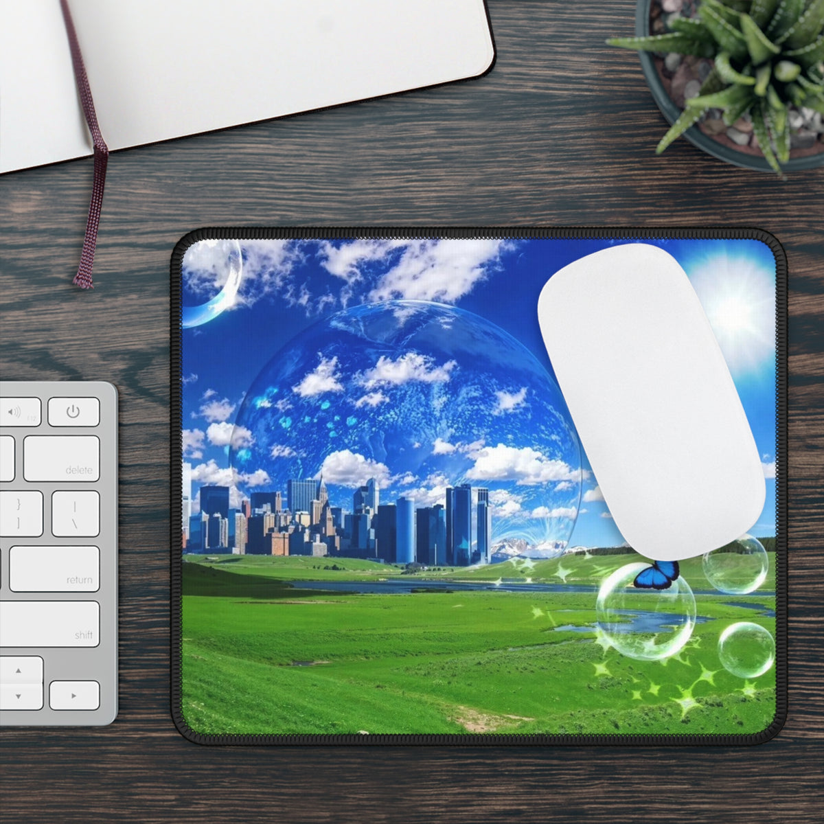 "City in a Bubble" Personalized Mouse Pad – Surreal Skyline & Green Meadow Design Frutiger Aero