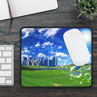 "City in a Bubble" Personalized Mouse Pad – Surreal Skyline & Green Meadow Design Frutiger Aero